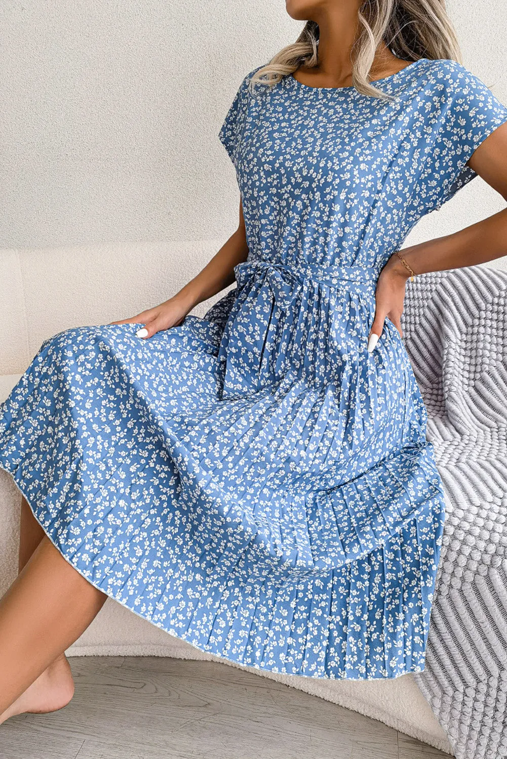 Sky Blue Floral Print Knot Tie Pleated Short Sleeve Midi Dress