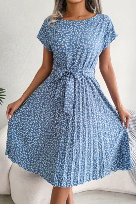 Sky Blue Floral Print Knot Tie Pleated Short Sleeve Midi Dress