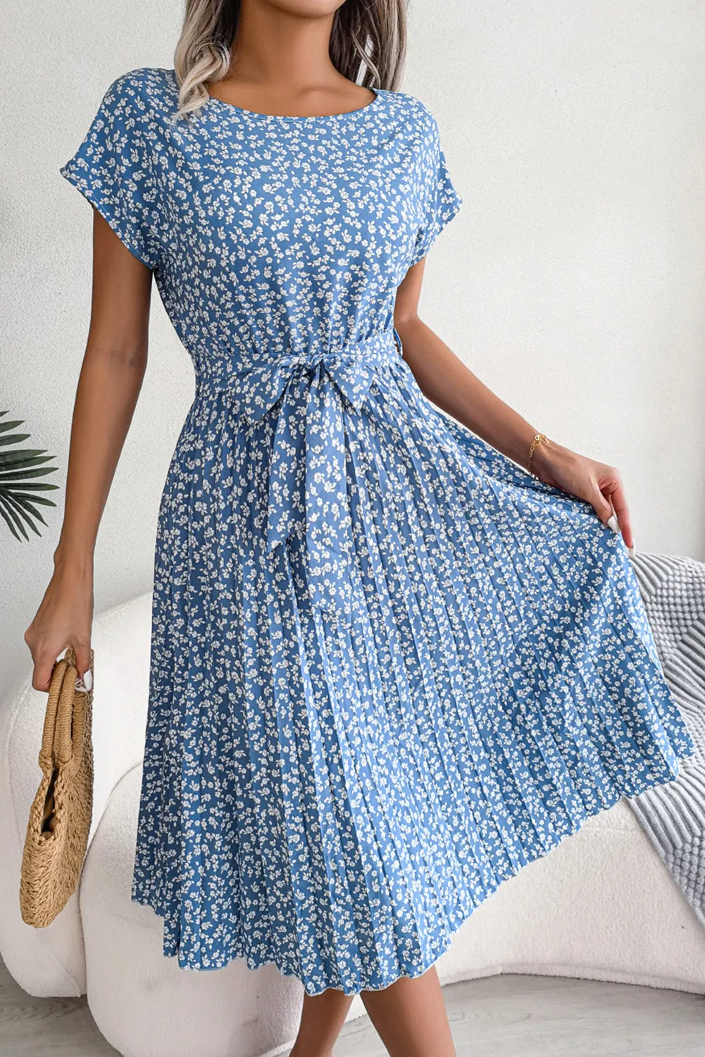 Sky Blue Floral Print Knot Tie Pleated Short Sleeve Midi Dress