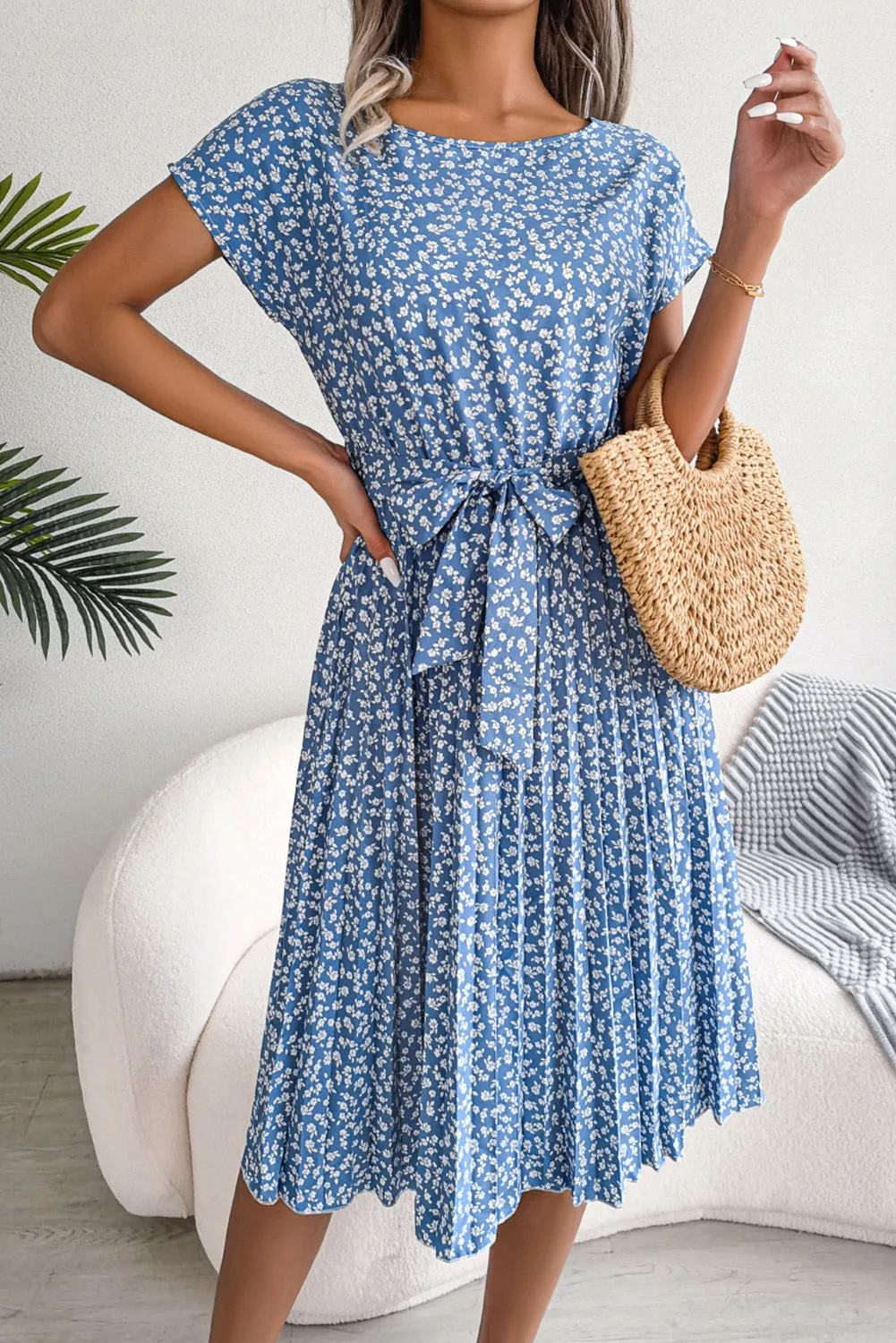 Sky Blue Floral Print Knot Tie Pleated Short Sleeve Midi Dress