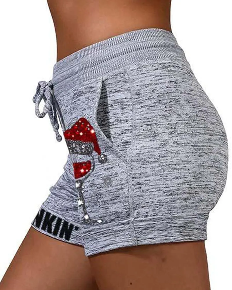 Solid Color Splicing Cartoon And Letter Print Drawstring Short Pants