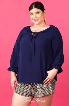 String Tie Ruffle Top - Dark Blue - ATT