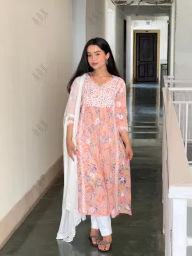 Sukruti Mul Printed  Hand Embroidery Chikankari Kurta- Peach