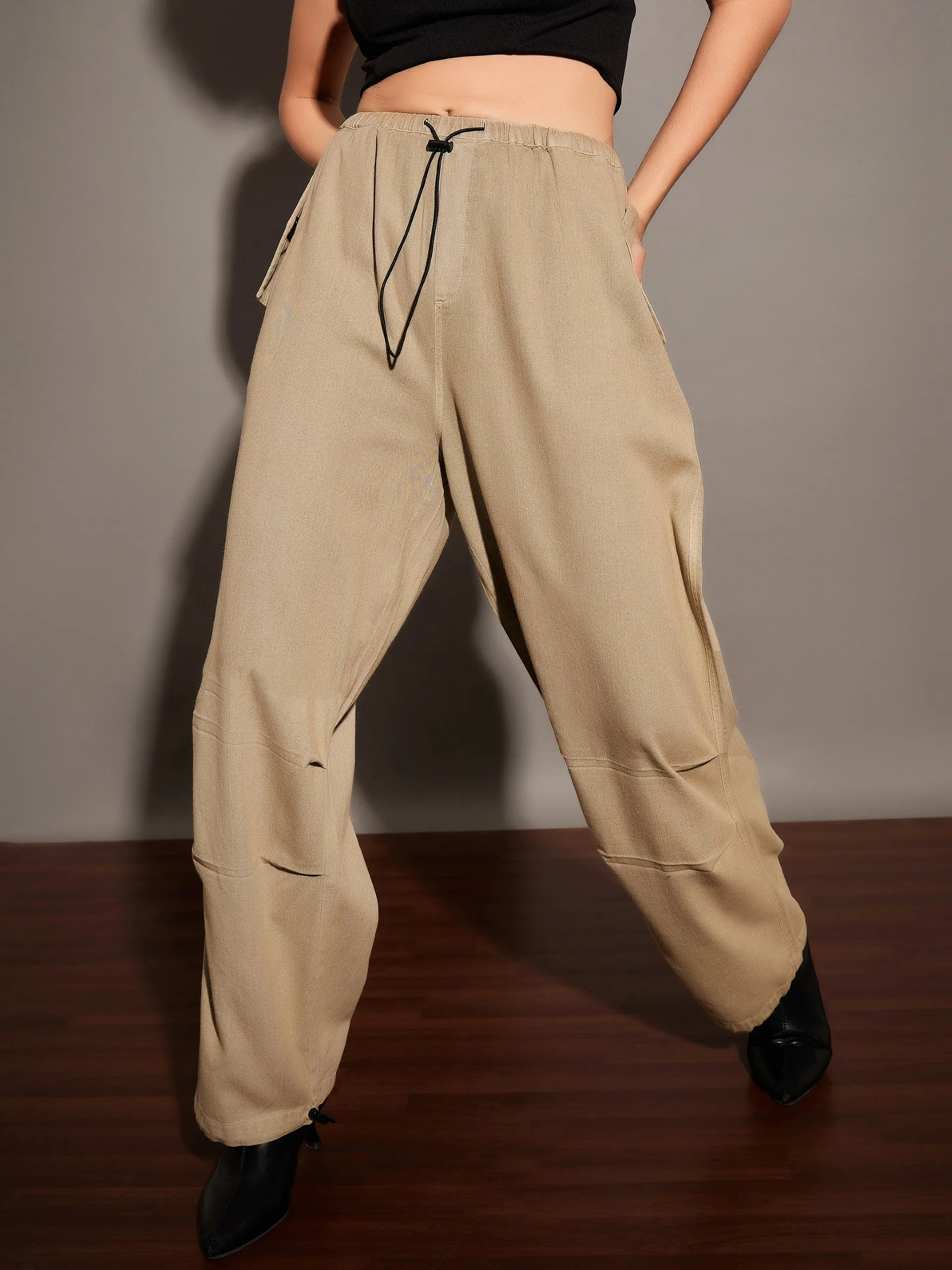 Women Beige Twill Pleated Knee Cargo Pants