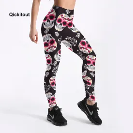 Women Black Leggings 2018 Fashion Workout Fitness Casual Pants Trousers Skull Flower Printed High Waist Pants